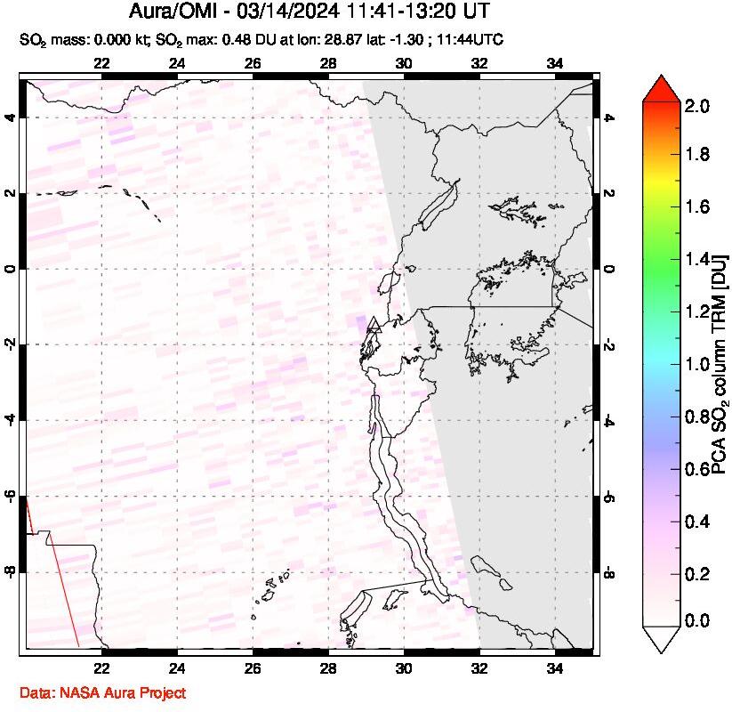 A sulfur dioxide image over Nyiragongo, DR Congo on Mar 14, 2024.