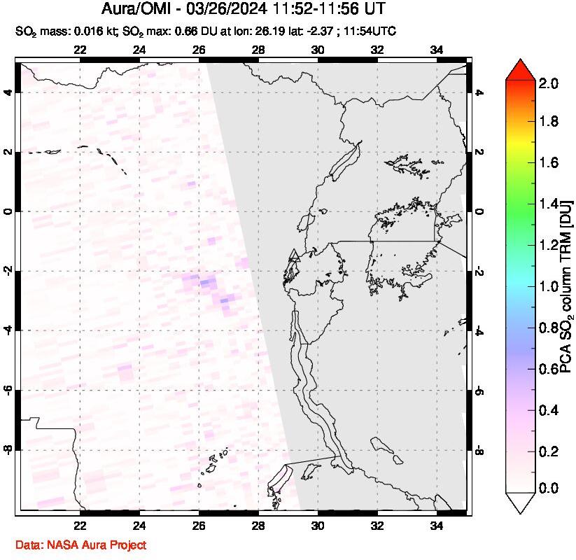 A sulfur dioxide image over Nyiragongo, DR Congo on Mar 26, 2024.