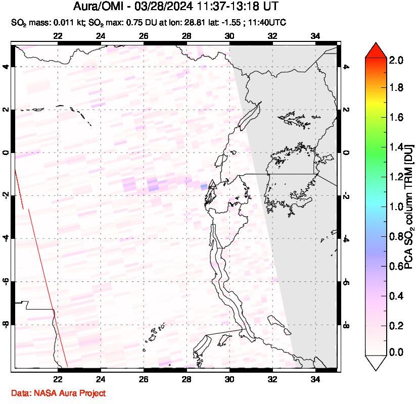 A sulfur dioxide image over Nyiragongo, DR Congo on Mar 28, 2024.