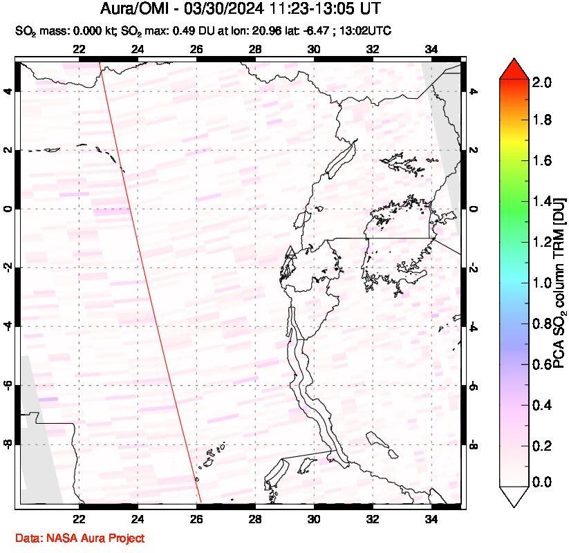 A sulfur dioxide image over Nyiragongo, DR Congo on Mar 30, 2024.