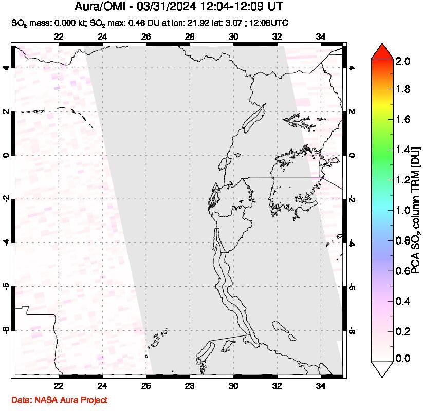 A sulfur dioxide image over Nyiragongo, DR Congo on Mar 31, 2024.