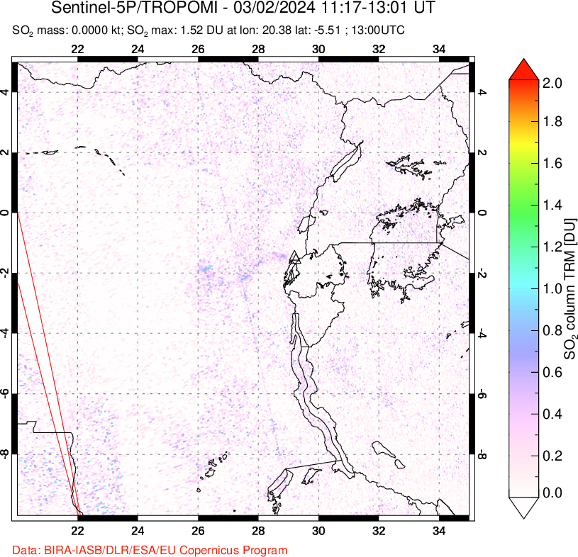 A sulfur dioxide image over Nyiragongo, DR Congo on Mar 02, 2024.