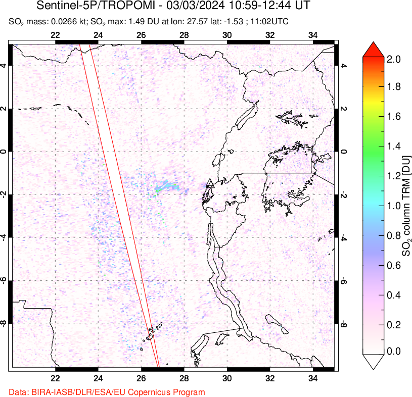 A sulfur dioxide image over Nyiragongo, DR Congo on Mar 03, 2024.