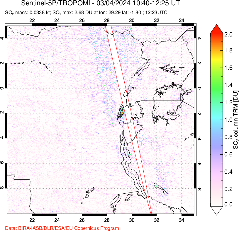 A sulfur dioxide image over Nyiragongo, DR Congo on Mar 04, 2024.