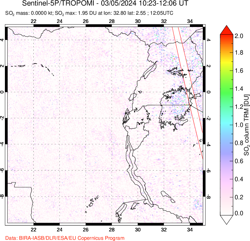 A sulfur dioxide image over Nyiragongo, DR Congo on Mar 05, 2024.