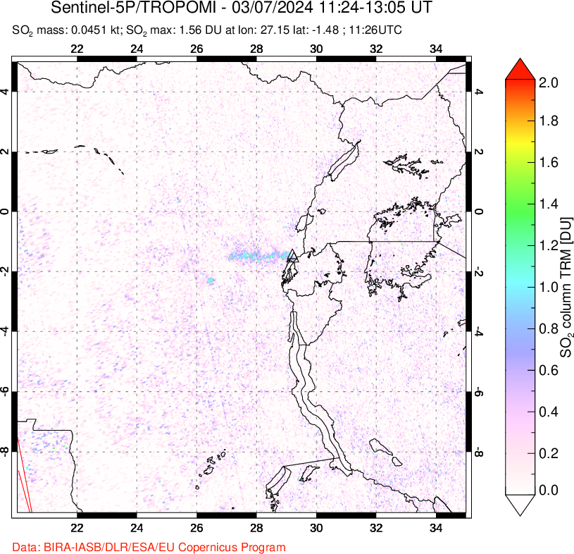 A sulfur dioxide image over Nyiragongo, DR Congo on Mar 07, 2024.