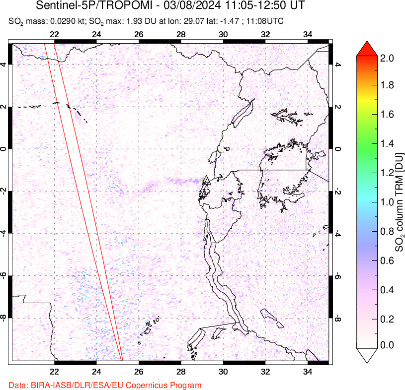 A sulfur dioxide image over Nyiragongo, DR Congo on Mar 08, 2024.