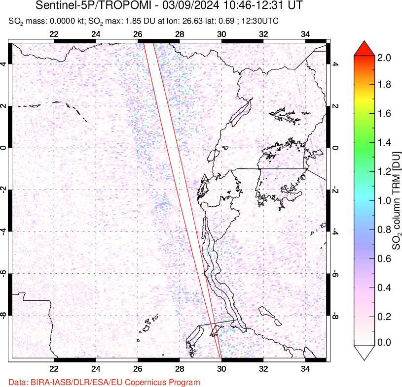 A sulfur dioxide image over Nyiragongo, DR Congo on Mar 09, 2024.