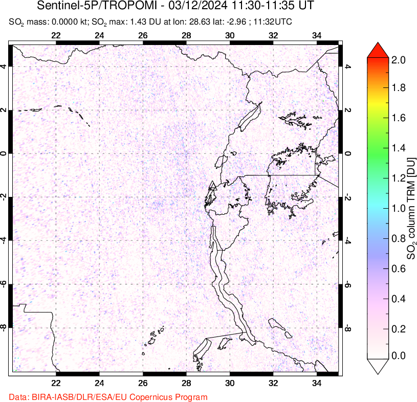 A sulfur dioxide image over Nyiragongo, DR Congo on Mar 12, 2024.