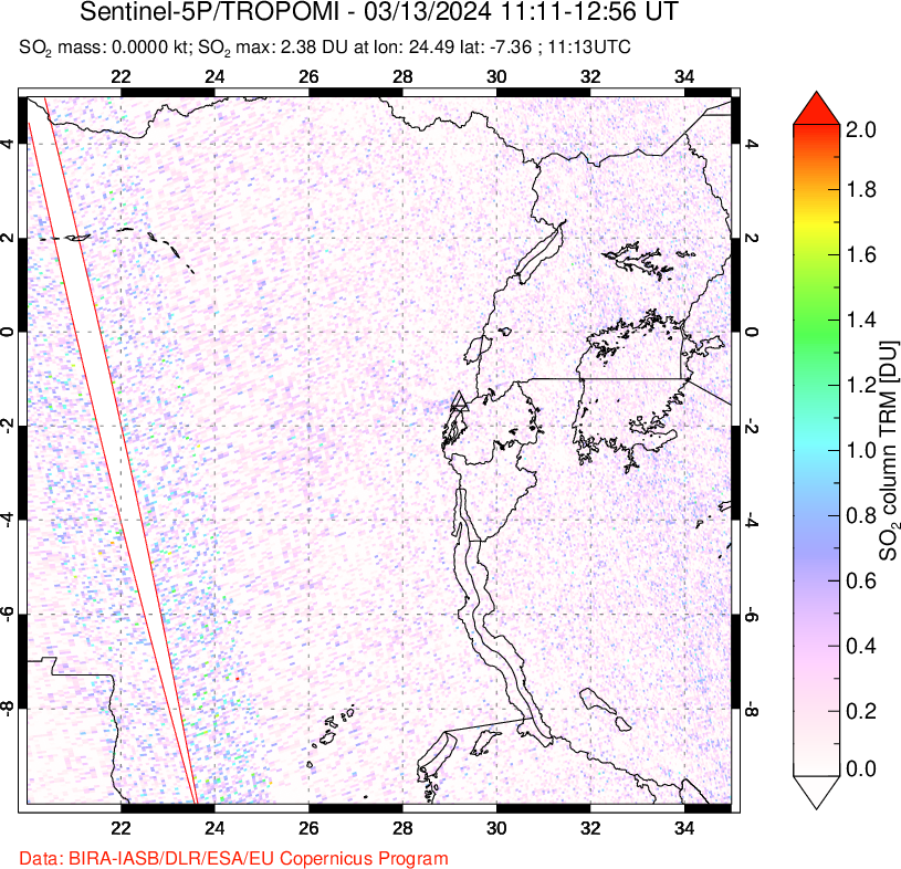 A sulfur dioxide image over Nyiragongo, DR Congo on Mar 13, 2024.