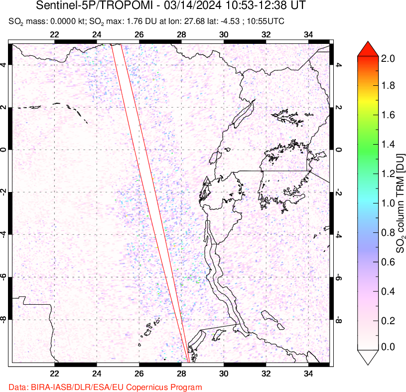 A sulfur dioxide image over Nyiragongo, DR Congo on Mar 14, 2024.