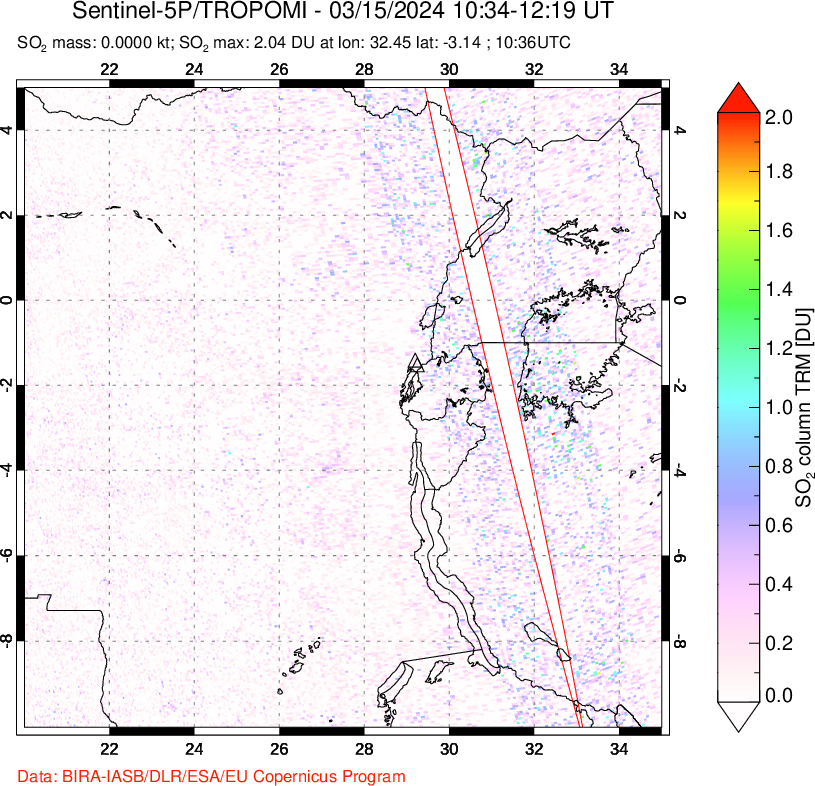 A sulfur dioxide image over Nyiragongo, DR Congo on Mar 15, 2024.