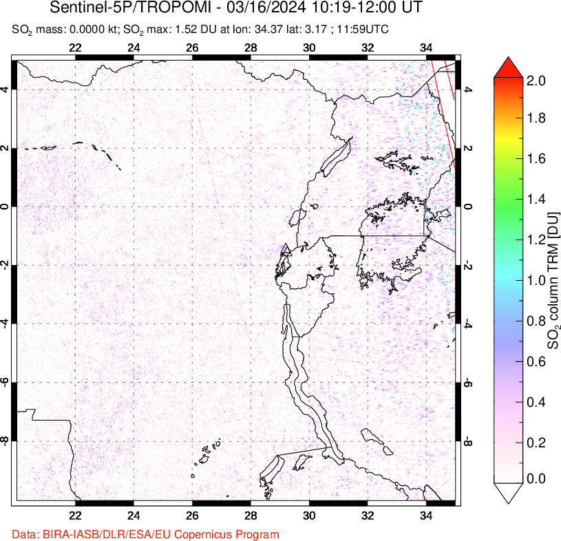 A sulfur dioxide image over Nyiragongo, DR Congo on Mar 16, 2024.