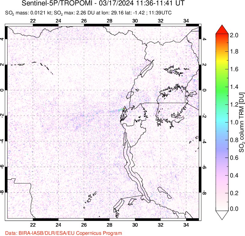 A sulfur dioxide image over Nyiragongo, DR Congo on Mar 17, 2024.