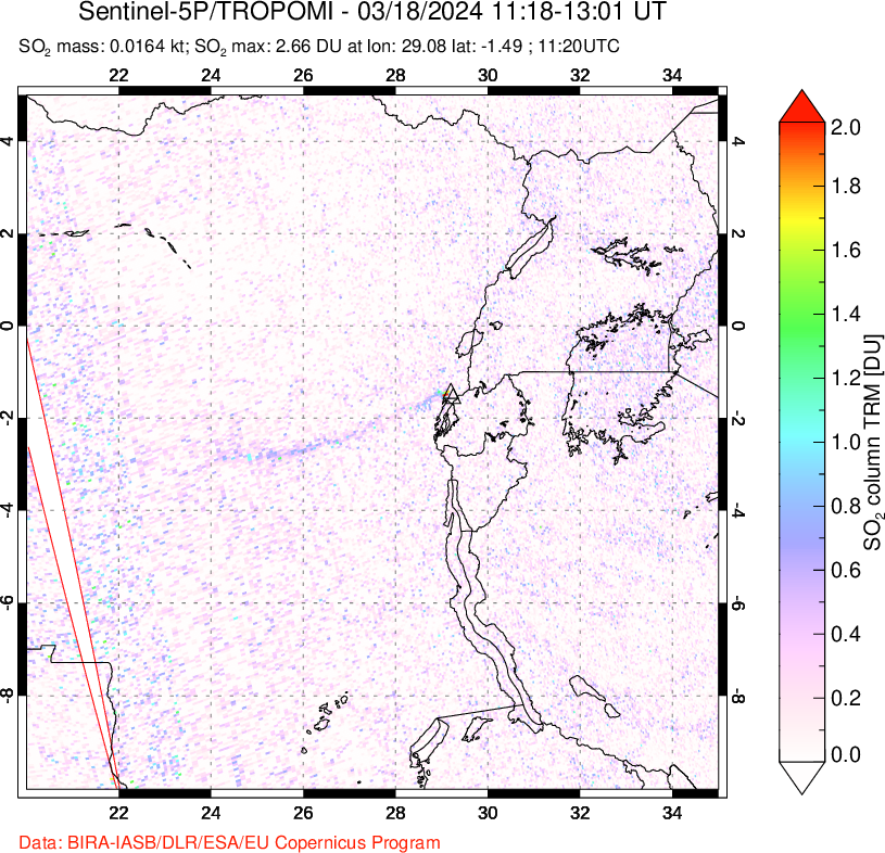 A sulfur dioxide image over Nyiragongo, DR Congo on Mar 18, 2024.