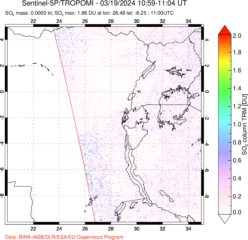 A sulfur dioxide image over Nyiragongo, DR Congo on Mar 19, 2024.