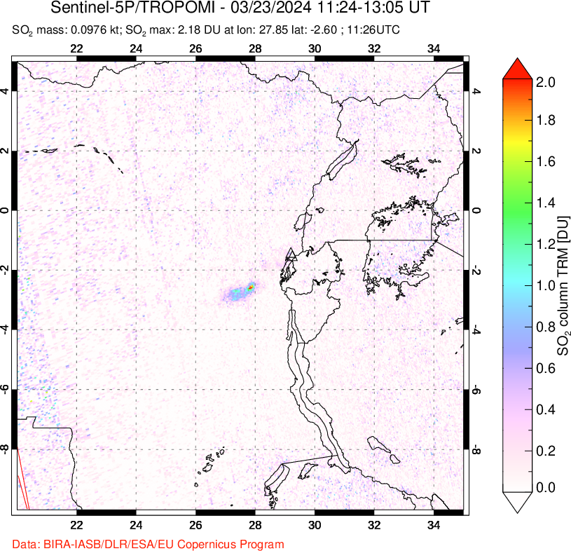 A sulfur dioxide image over Nyiragongo, DR Congo on Mar 23, 2024.