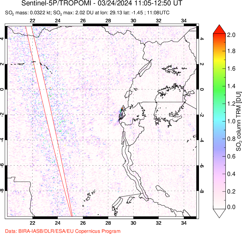 A sulfur dioxide image over Nyiragongo, DR Congo on Mar 24, 2024.