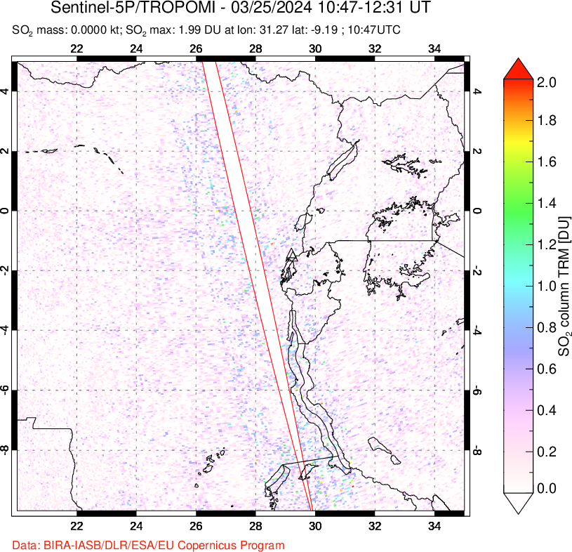 A sulfur dioxide image over Nyiragongo, DR Congo on Mar 25, 2024.