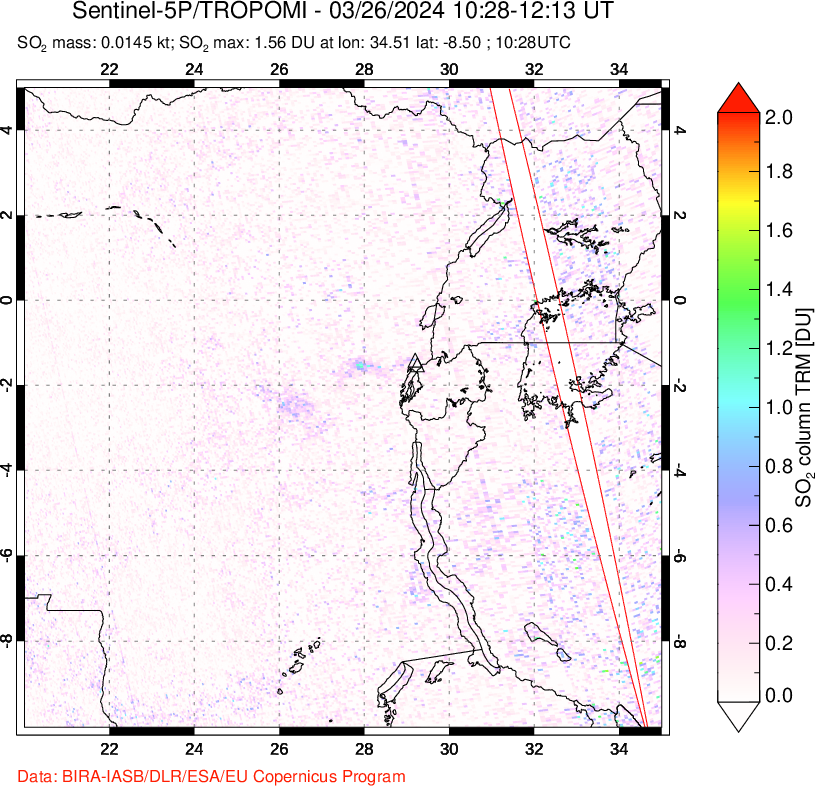 A sulfur dioxide image over Nyiragongo, DR Congo on Mar 26, 2024.