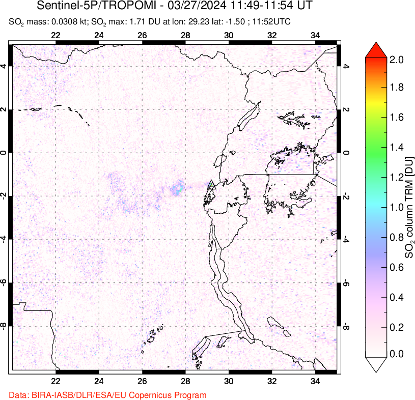 A sulfur dioxide image over Nyiragongo, DR Congo on Mar 27, 2024.