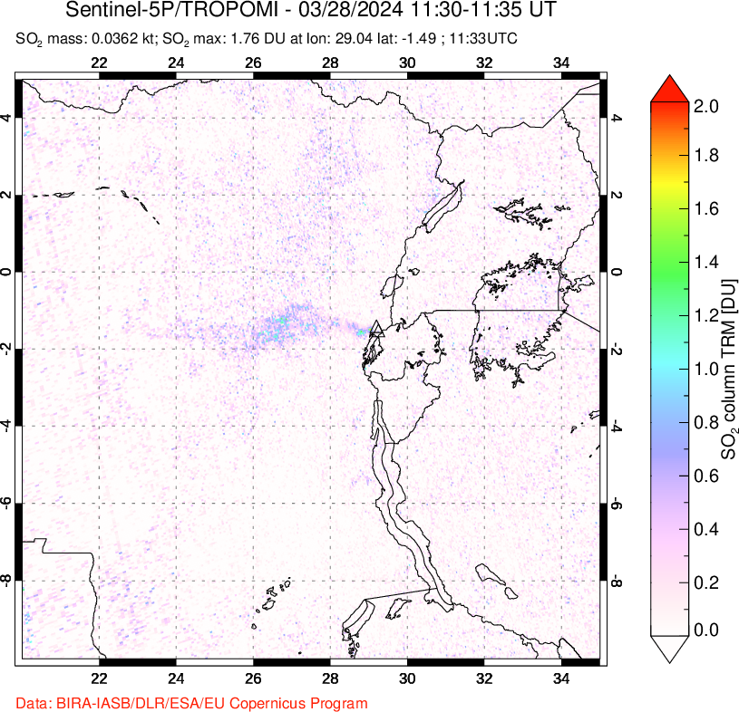 A sulfur dioxide image over Nyiragongo, DR Congo on Mar 28, 2024.