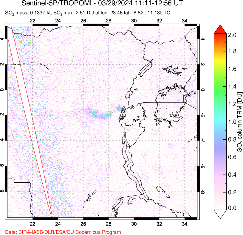 A sulfur dioxide image over Nyiragongo, DR Congo on Mar 29, 2024.