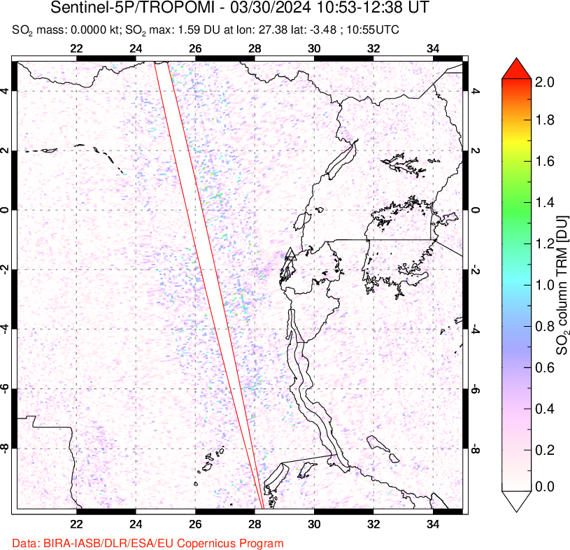 A sulfur dioxide image over Nyiragongo, DR Congo on Mar 30, 2024.