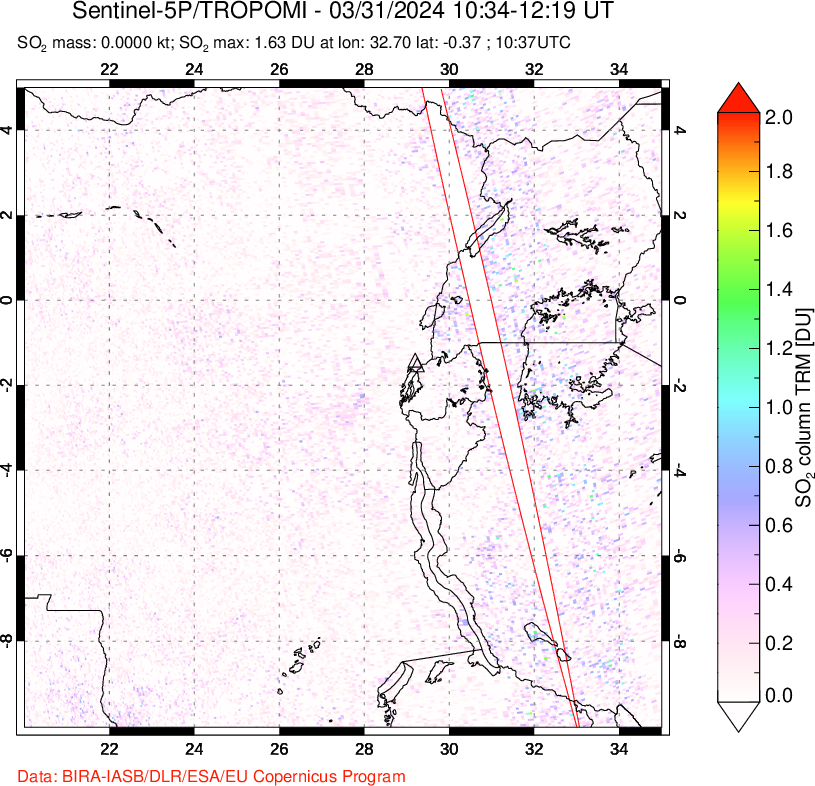 A sulfur dioxide image over Nyiragongo, DR Congo on Mar 31, 2024.