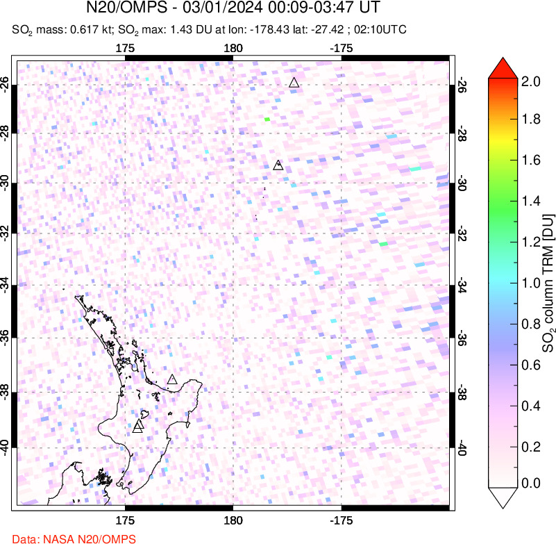 A sulfur dioxide image over New Zealand on Mar 01, 2024.