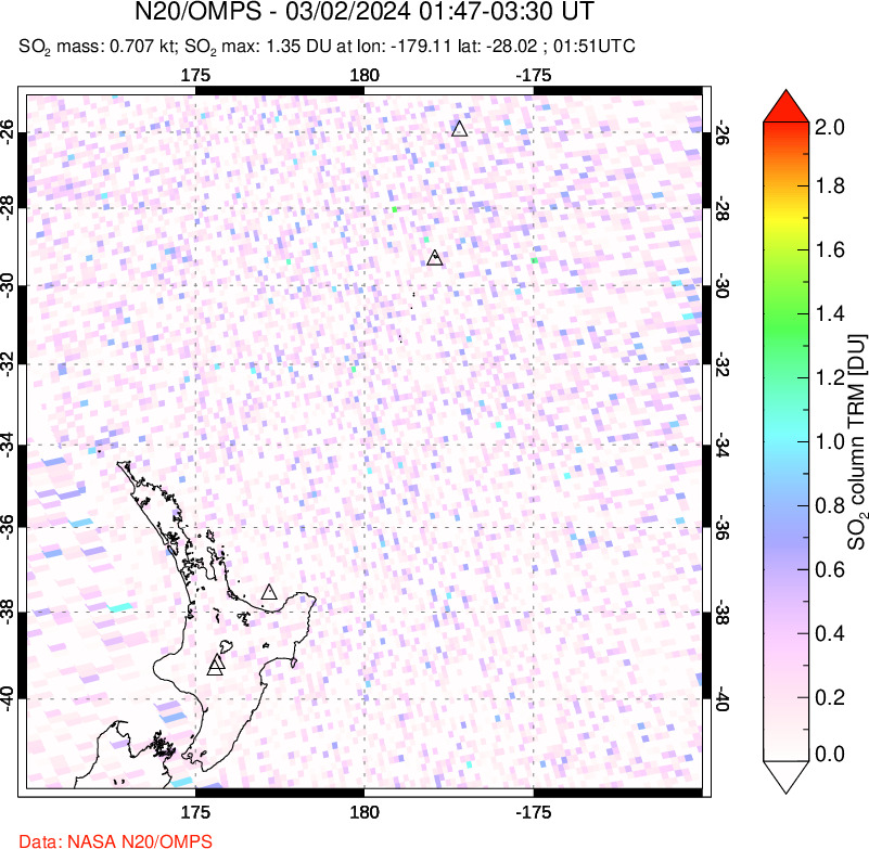 A sulfur dioxide image over New Zealand on Mar 02, 2024.