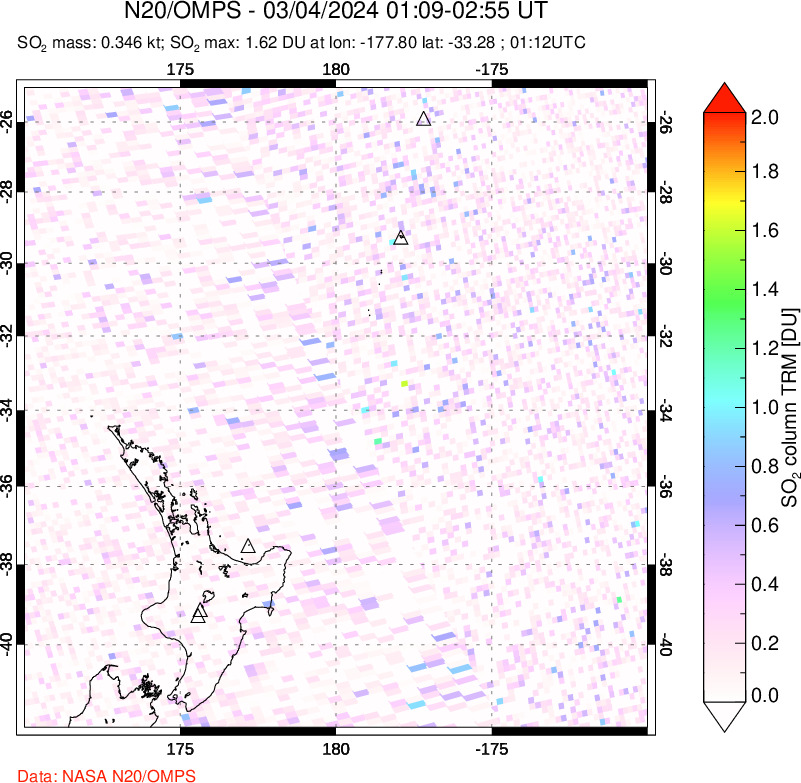 A sulfur dioxide image over New Zealand on Mar 04, 2024.