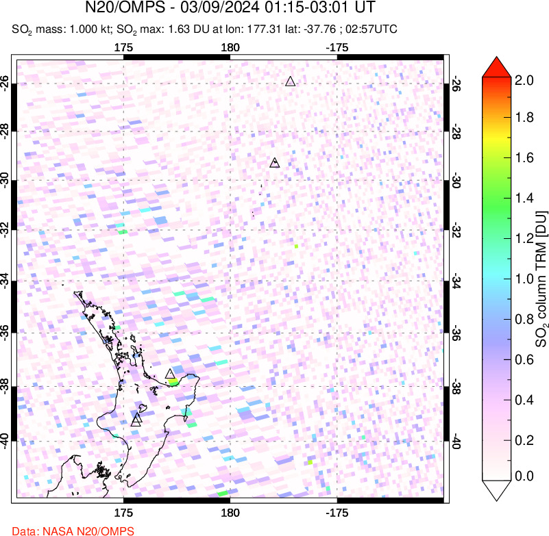 A sulfur dioxide image over New Zealand on Mar 09, 2024.