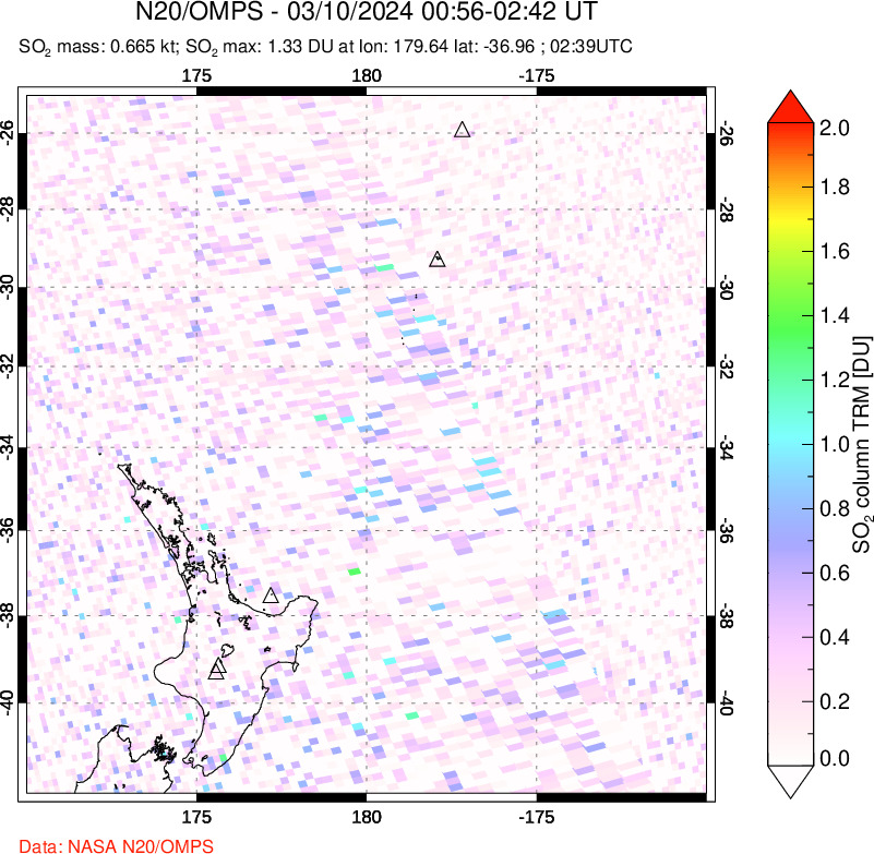 A sulfur dioxide image over New Zealand on Mar 10, 2024.