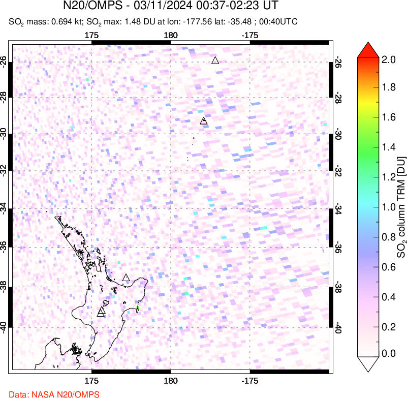 A sulfur dioxide image over New Zealand on Mar 11, 2024.