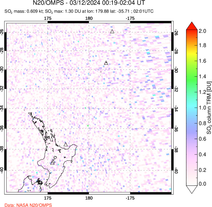 A sulfur dioxide image over New Zealand on Mar 12, 2024.