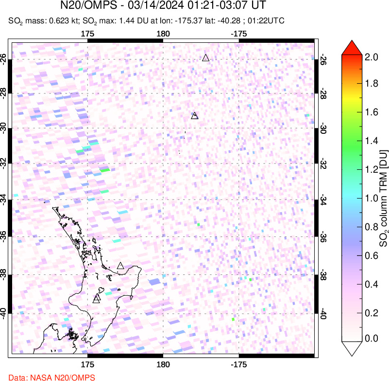 A sulfur dioxide image over New Zealand on Mar 14, 2024.