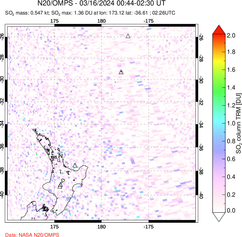 A sulfur dioxide image over New Zealand on Mar 16, 2024.