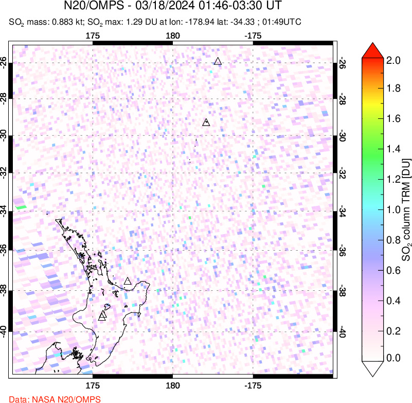 A sulfur dioxide image over New Zealand on Mar 18, 2024.