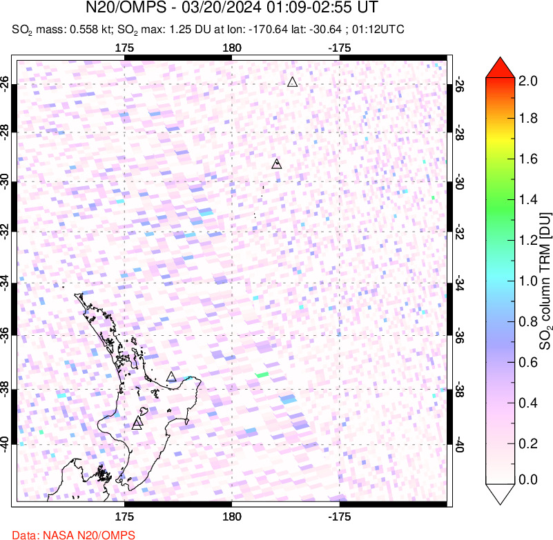 A sulfur dioxide image over New Zealand on Mar 20, 2024.