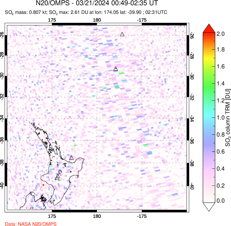 A sulfur dioxide image over New Zealand on Mar 21, 2024.