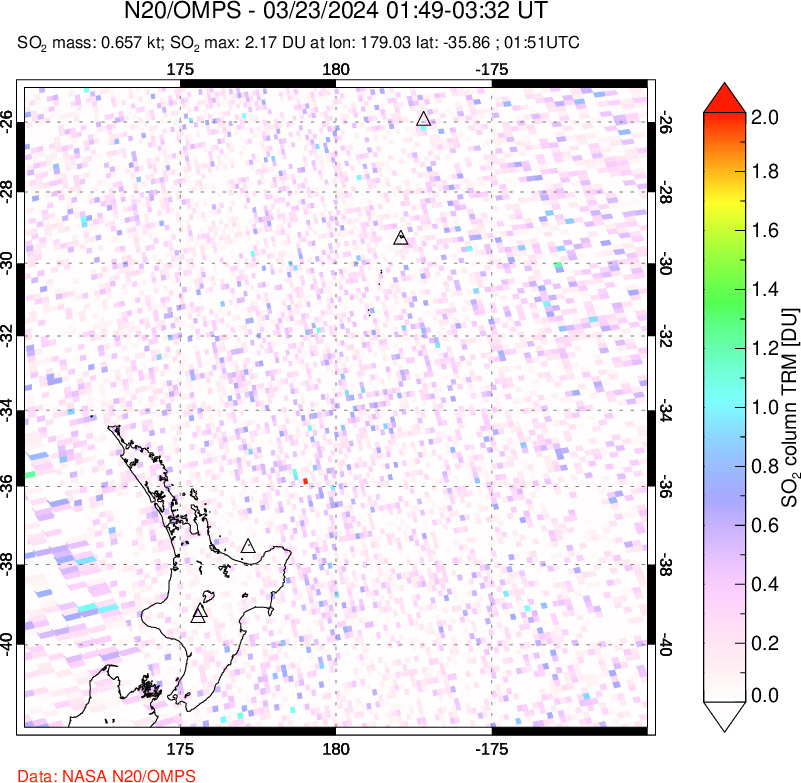 A sulfur dioxide image over New Zealand on Mar 23, 2024.