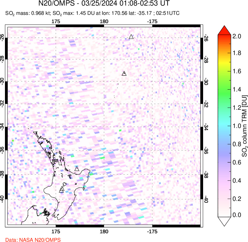 A sulfur dioxide image over New Zealand on Mar 25, 2024.