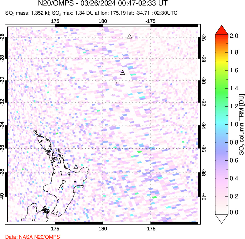 A sulfur dioxide image over New Zealand on Mar 26, 2024.