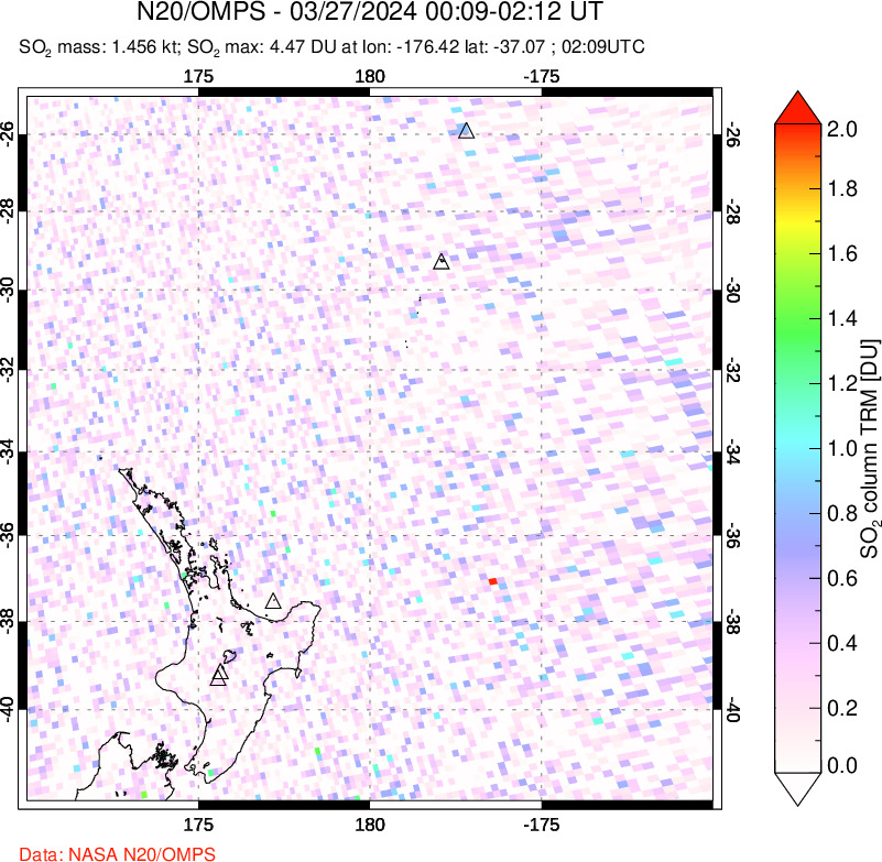 A sulfur dioxide image over New Zealand on Mar 27, 2024.