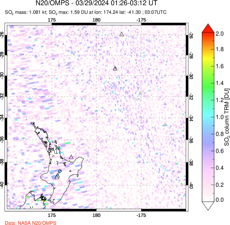 A sulfur dioxide image over New Zealand on Mar 29, 2024.