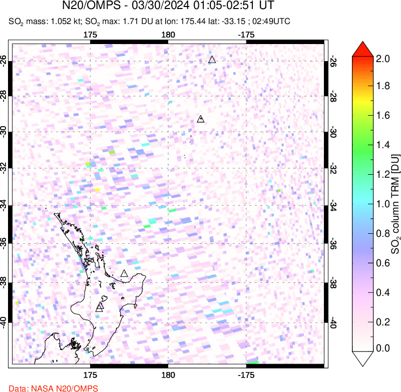 A sulfur dioxide image over New Zealand on Mar 30, 2024.