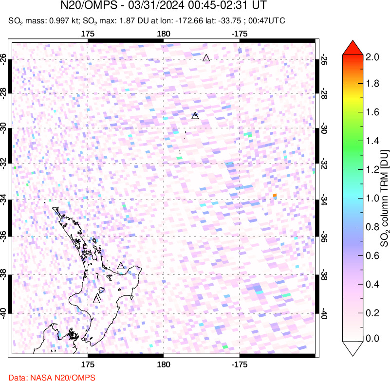 A sulfur dioxide image over New Zealand on Mar 31, 2024.