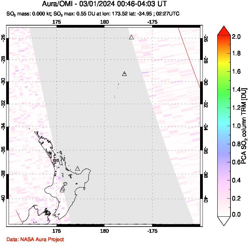 A sulfur dioxide image over New Zealand on Mar 01, 2024.