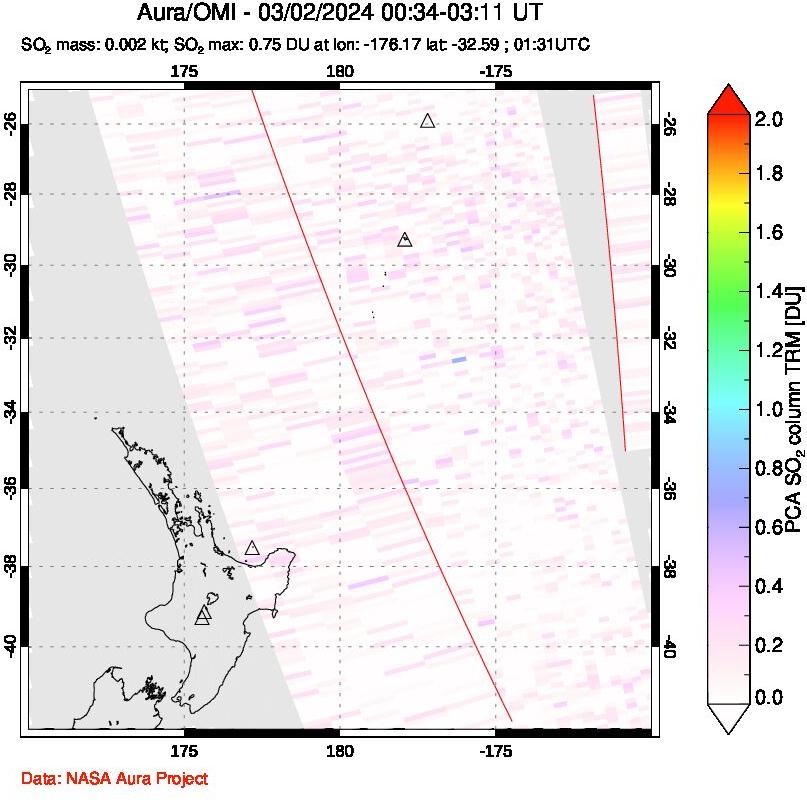 A sulfur dioxide image over New Zealand on Mar 02, 2024.